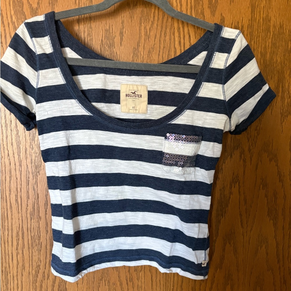 Hollister Navy and White Striped Crop Top
